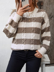 Cable knit stripe crewneck sweater in taupe and white with crew neckline and long sleeves.