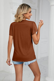 Brown v-neck flutter sleeve blouse with lace trim detail.