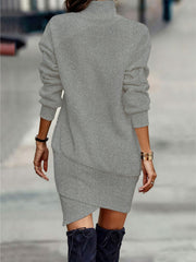 Gray turtleneck mini dress with asymmetrical hem and long sleeves