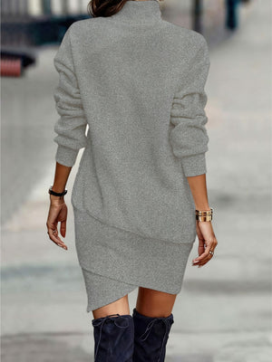 Gray turtleneck mini dress with asymmetrical hem and long sleeves