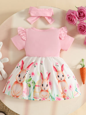 Pink baby dress with ruffled sleeves and bunny print skirt, includes matching headband.