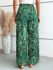 Paisley palazzo trousers in multicolor green with a drawstring waist