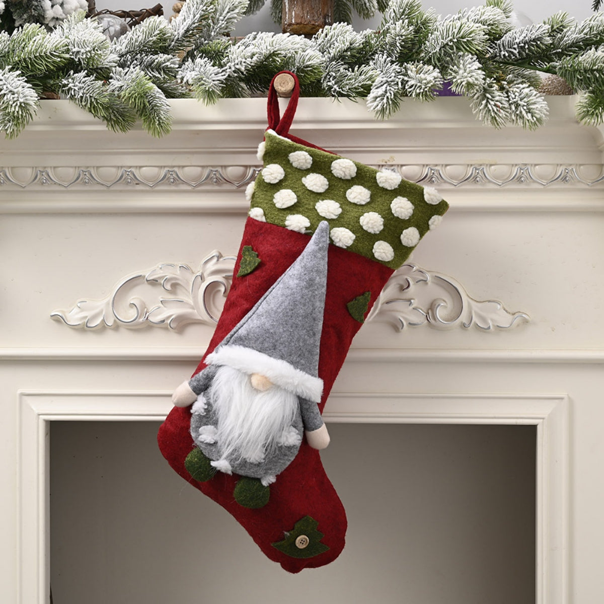 Red holiday stocking with gnome applique and green polka dot cuff