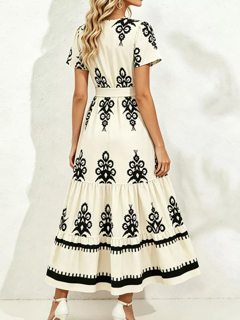 Printed Surplice Short Sleeve Dress in Blue, close-up detail