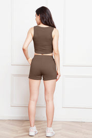 Mocha ribbed tank top and drawstring shorts set with a casual fit.