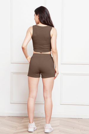 Mocha ribbed tank top and drawstring shorts set with a casual fit.