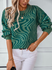 Dark green wavy knit crewneck sweater with a bold abstract pattern.