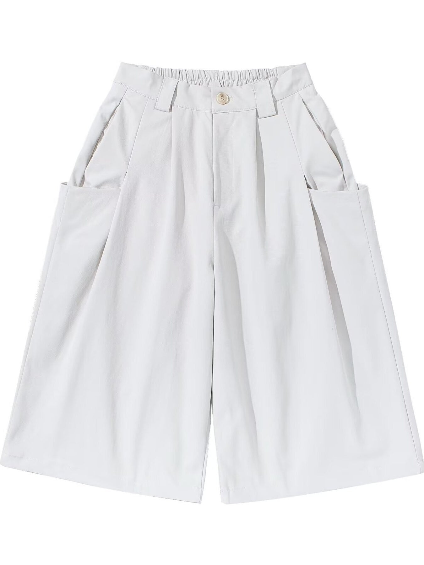 Men's plus size wide leg shorts in light grey with button and elastic waist, and large front pockets.