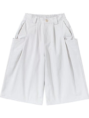 Men's plus size wide leg shorts in light grey with button and elastic waist, and large front pockets.