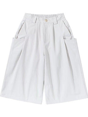 Men's plus size wide leg shorts in light grey with button and elastic waist, and large front pockets.