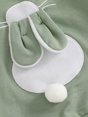 Green cotton baby outfit with bunny applique, fluffy ears, and pom-pom tail detail.