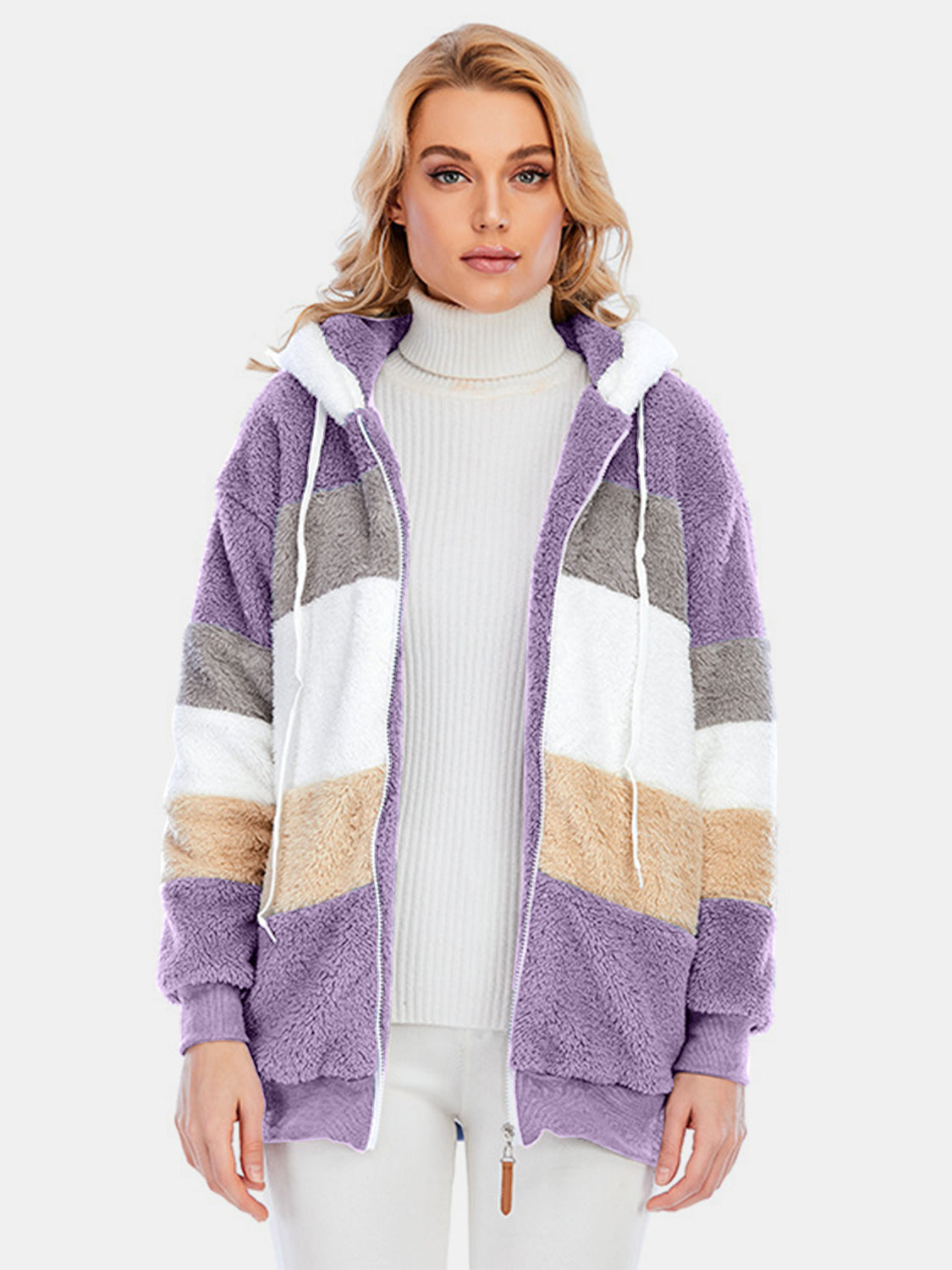 Teddy fleece zip-up hoodie with color block pattern in purple, grey, white, and taupe.