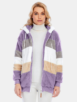 Teddy fleece zip-up hoodie with color block pattern in purple, grey, white, and taupe.