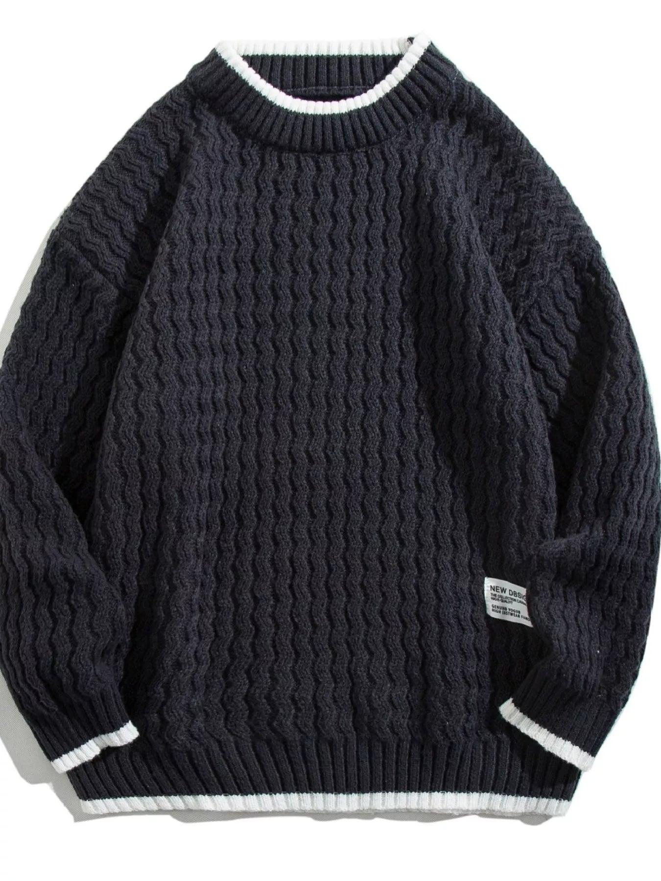Men's black textured knit sweater with white striped collar and cuffs.