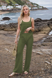 Moss open-knit crochet tank and wide-leg trouser set with a scoop neckline.