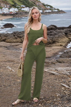 Moss open-knit crochet tank and wide-leg trouser set with a scoop neckline.