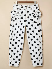 White polka dot denim jeans with bow pocket details