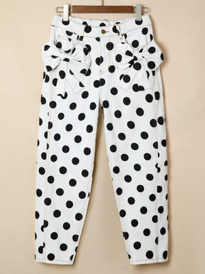 White polka dot denim jeans with bow pocket details