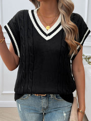 Black cable knit vest with white striped V-neck and armholes.