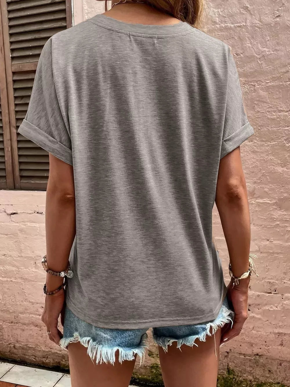 Full Size Notched T-shirt With Rolled Sleeves in Pink, view 18