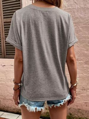 Full Size Notched T-shirt With Rolled Sleeves in Pink, view 18