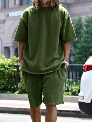 Men's relaxed fit two-piece set in Army Green, featuring a short-sleeve tee and drawstring shorts.