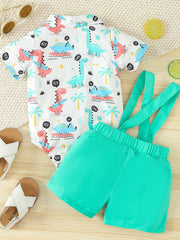 Baby bodysuit set with dinosaur print and turquoise suspender shorts.
