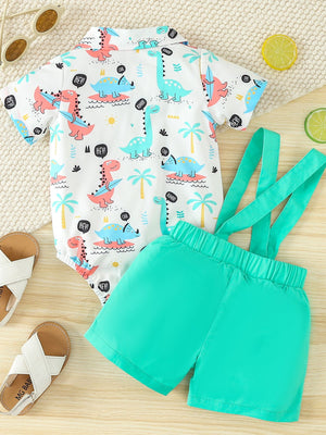 Baby bodysuit set with dinosaur print and turquoise suspender shorts.