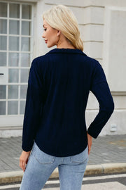 Dark Navy Pleated Wave-Effect Collared Top with long sleeves, shown from the back.