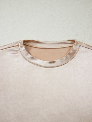 Champagne satin sleeveless tank top with crew neck
