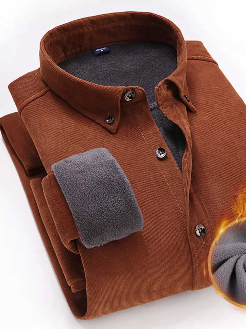 Men's brown corduroy button-down shirt with fleece lining and cuff detail.