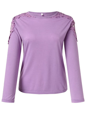 Purple long sleeve top with lace yoke and sleeve detail