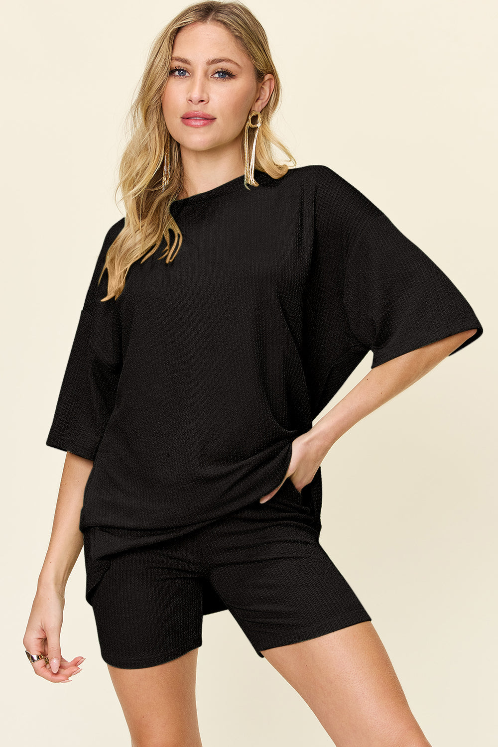 Black textured boxy tee and shorts co-ord set with short sleeves and a crew neck.