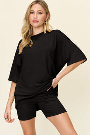 Black textured boxy tee and shorts co-ord set with short sleeves and a crew neck.