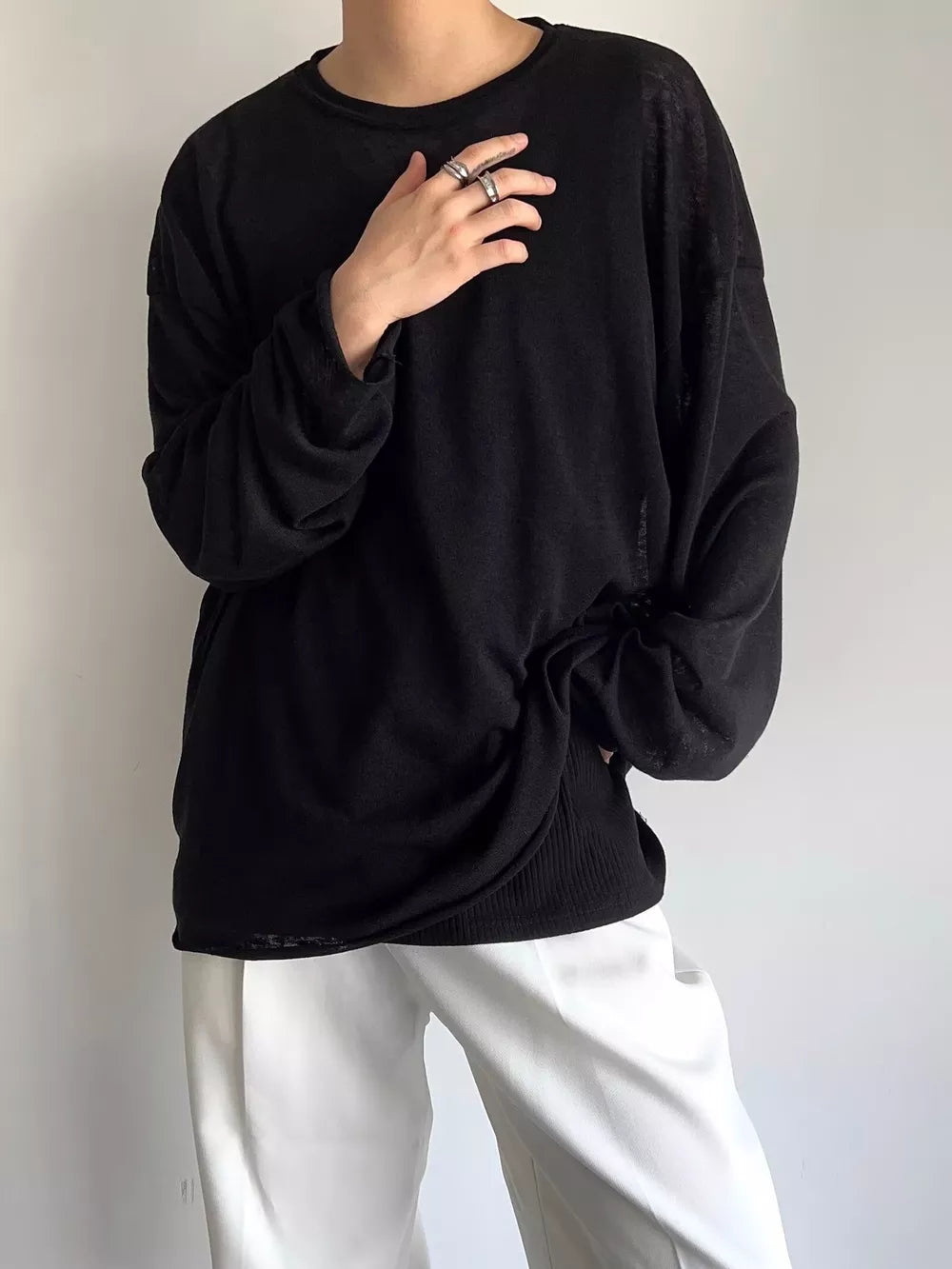 Men's Plus Size Heathered Long-sleeve T-shirt in Black, model styling view