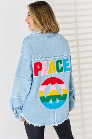 Light wash denim overshirt with colorful embroidered PEACE lettering and peace sign.