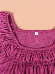 Off-shoulder ruffled sleeve top in hot pink with a square neckline.