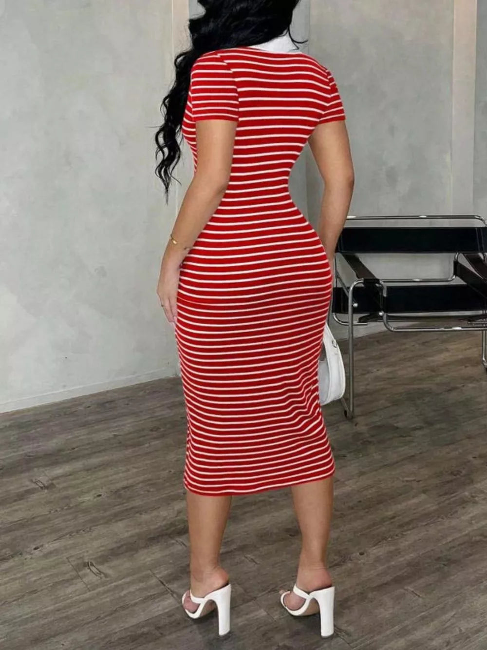 Red and white striped polo midi dress with short sleeves and a buttoned collar.