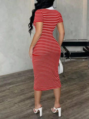 Red and white striped polo midi dress with short sleeves and a buttoned collar.
