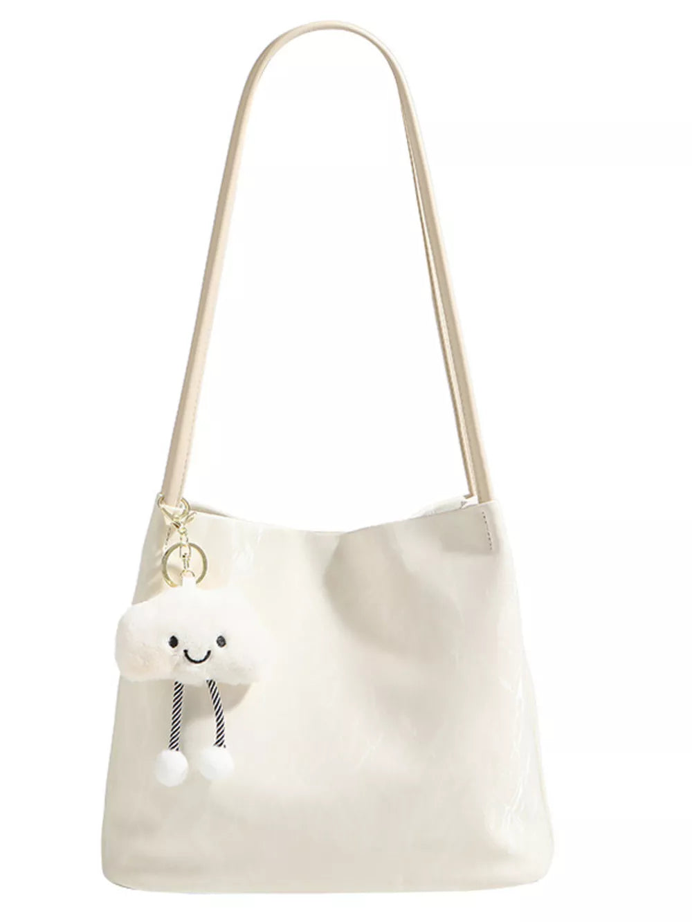 White pu leather shoulder bag with cute cloud charm and plush pom-poms.