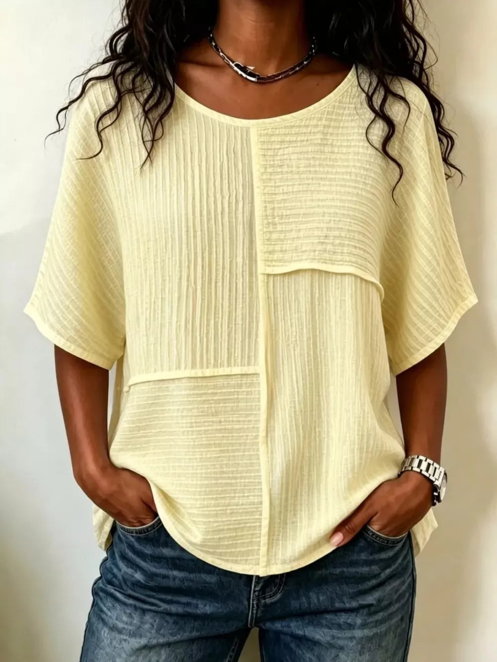 Full Size Texture Round Neck Half Sleeve Blouse, alternate angle
