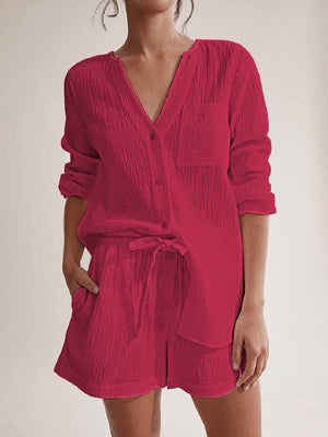 Textured cotton pajama set in cerise with button-up shirt and drawstring shorts