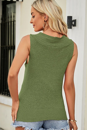 Cowl neck sleeveless knit top in matcha green acrylic with a textured finish.