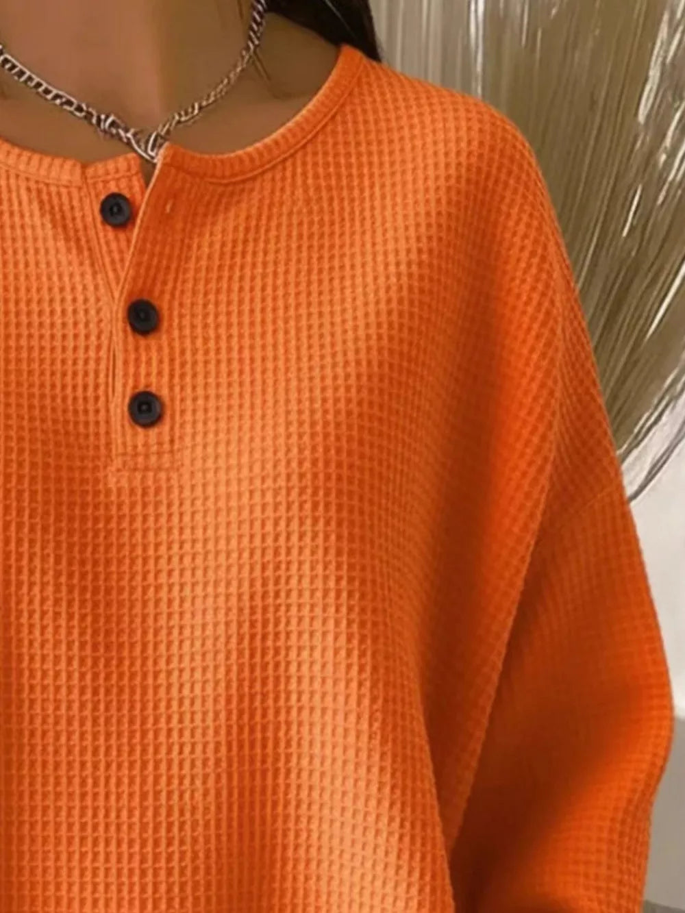Full Size Waffle Knit Button Detail Top Plus Size in Orange, fabric detail