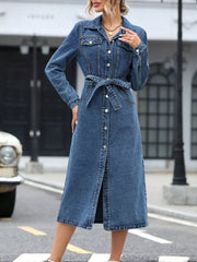 Belted Long Sleeve Denim Dress, fabric detail