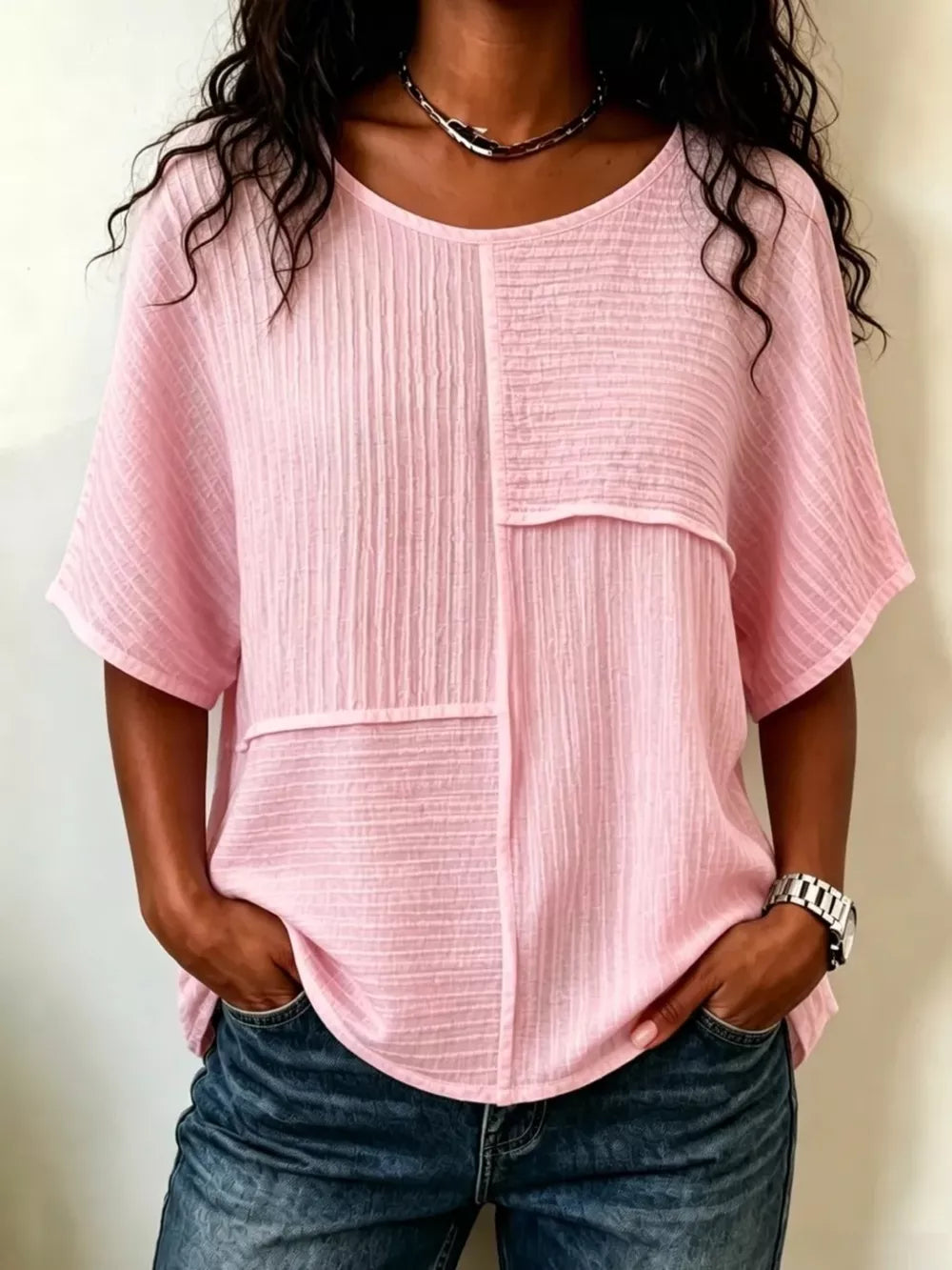 Full Size Texture Round Neck Half Sleeve Blouse, back view