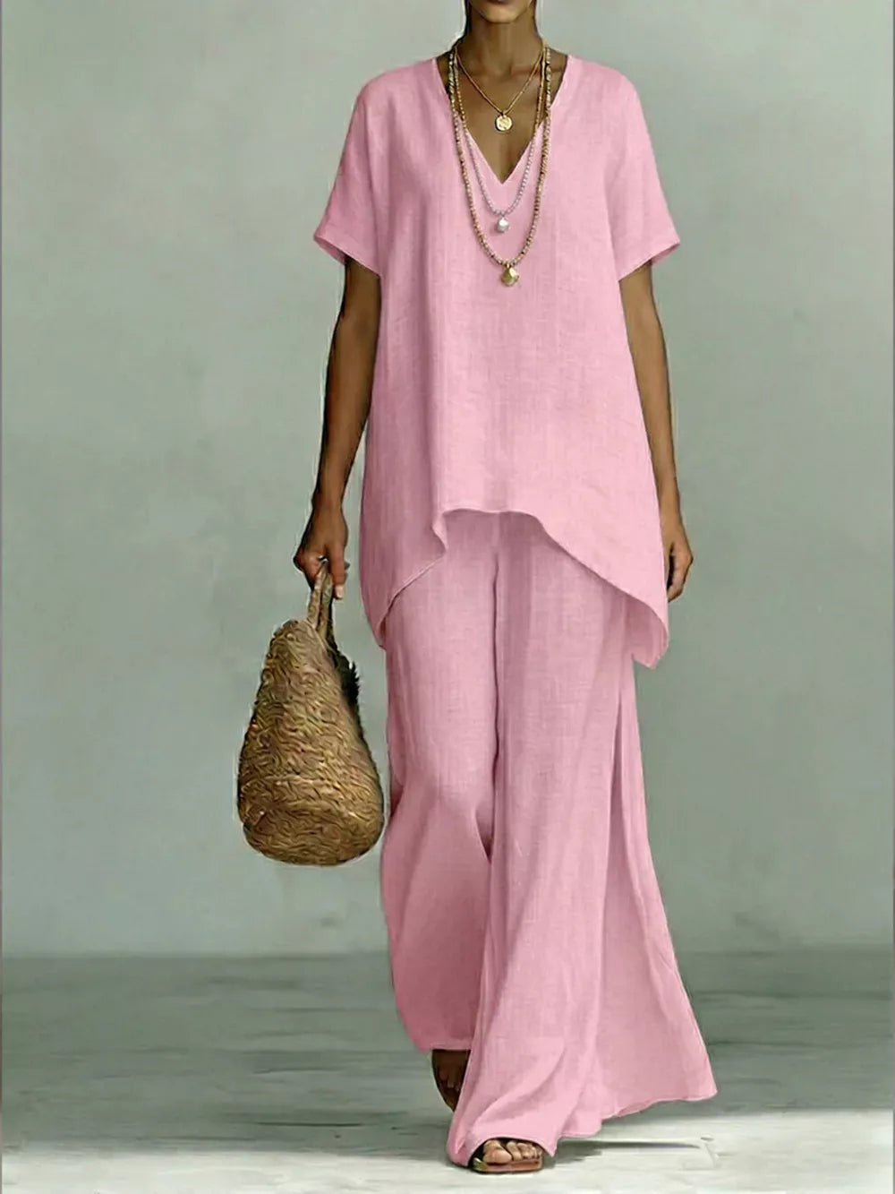 Effortless V-neck Top & Wide-leg Pant Set