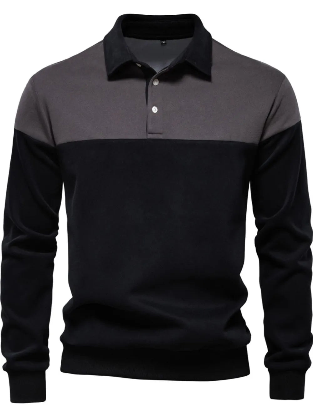Colorblock rugby shirt with contrast collar in dark gray and black, long sleeves, button placket.