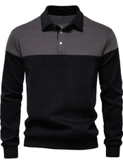 Colorblock rugby shirt with contrast collar in dark gray and black, long sleeves, button placket.