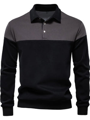 Colorblock rugby shirt with contrast collar in dark gray and black, long sleeves, button placket.